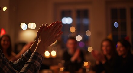 People Claping Hands at a Party in Warm Cozy Indoor Light