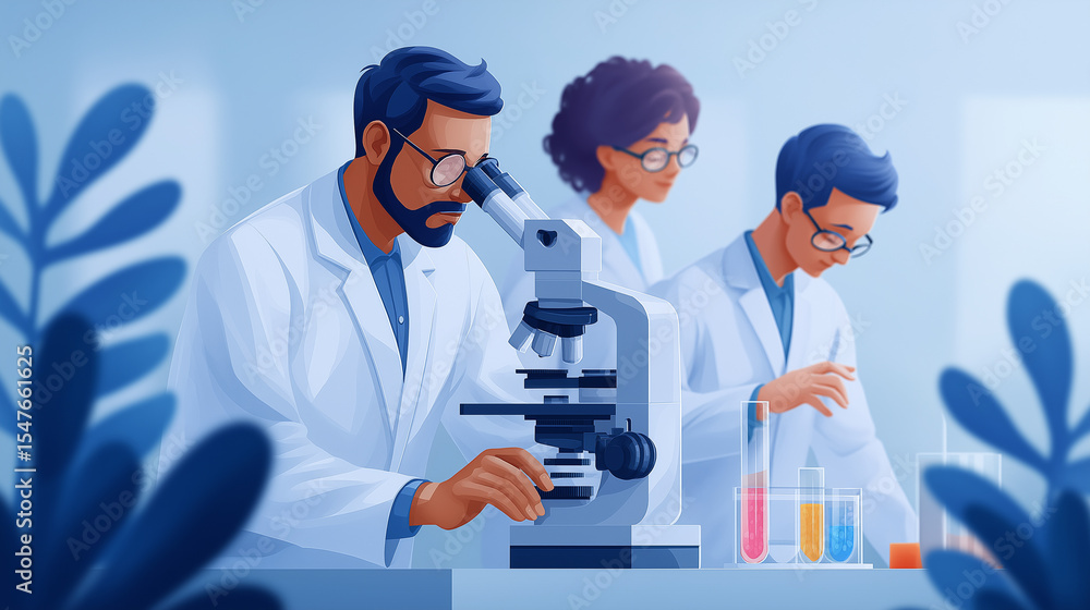 Poster diverse scientists analyzing biochemical samples in a modern lab
