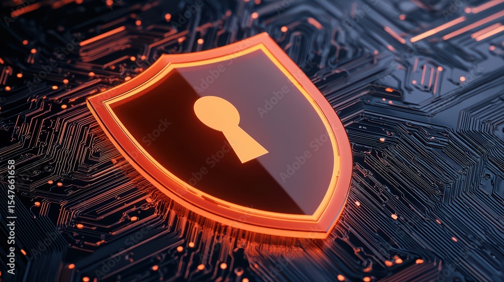 Poster shield icon with keyhole on abstract digital circuit background for cybersecurity concepts and data 