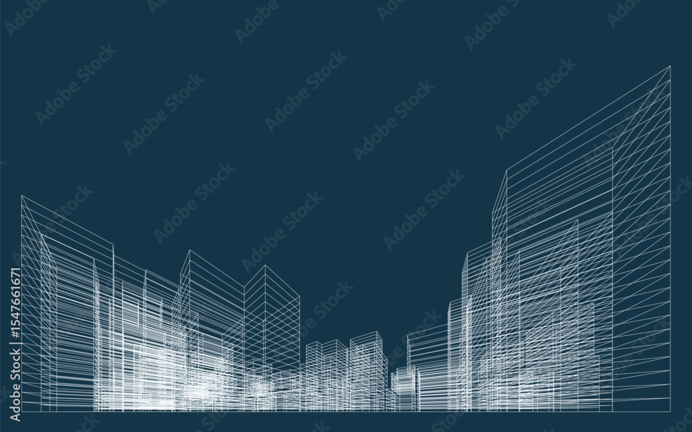 Poster 3d wireframe perspective of building. abstract wireframe city background for template design. vector