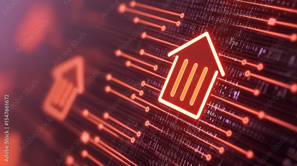 Poster futuristic digital visualization of house growth with abstract lines representing data transformatio