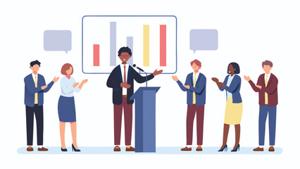 Illustration of a presenter at a podium with a graph and an audience of six people in formal attire