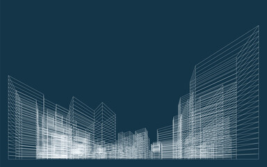 3D wireframe perspective of building. Abstract wireframe city background for template design. Vector illustration.