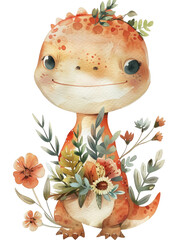 A cute, cartoon dinosaur with orange and cream scales stands among colorful flowers and green leaves. The background is transparent PNG, emphasizing the character.
