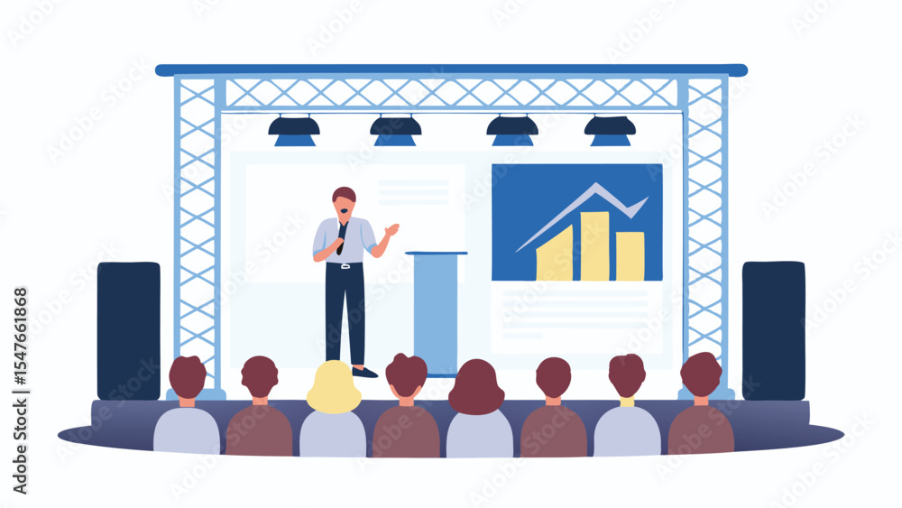 Poster a presenter on stage giving a presentation to an audience with a graph displayed on a screen behind 