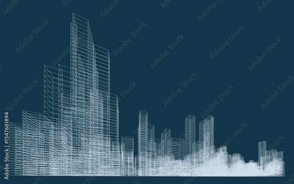 Poster 3d wireframe perspective of building. abstract wireframe city background for template design. vector