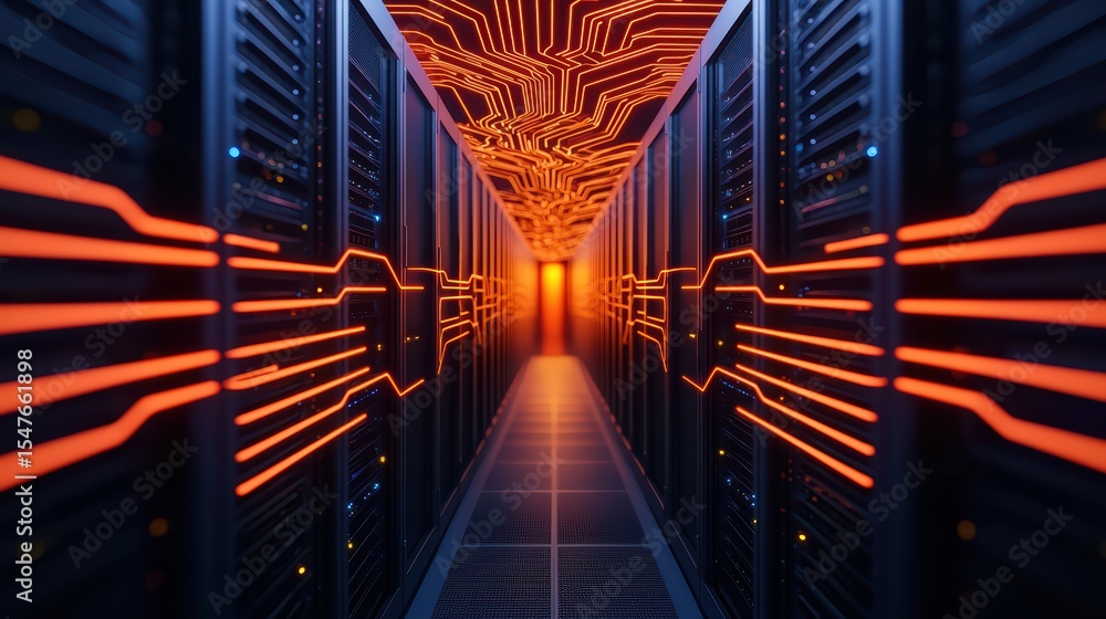 Poster futuristic data center with glowing circuits and server racks in a high-tech environment