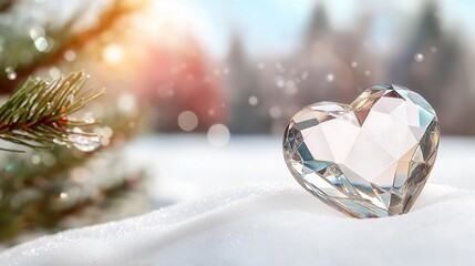 A crystal heart, sparkling in the light, resting on a snowy surface, with a serene winter forest and falling snowflakes
