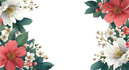 Floral border frame with pink, purple, and white flowers and green leaves, botanical corner decoration for wedding design, greeting cards, or invitations, isolated on transparent background.