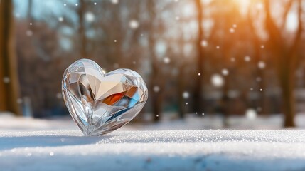 A crystal heart, sparkling in the light, resting on a snowy surface, with a serene winter forest and falling snowflakes