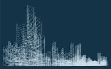 3D wireframe perspective of building. Abstract wireframe city background for template design. Vector illustration.