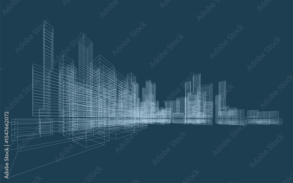 Poster 3d wireframe perspective of building. abstract wireframe city background for template design. vector