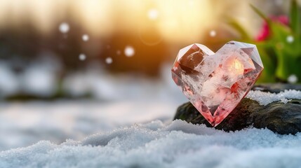 A crystal heart, sparkling in the light, resting on a snowy surface, with a serene winter forest and falling snowflakes