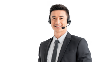 A professional male customer service representative wearing a headset. smiling confidently in a modern office environment. with a clean white background suggesting a focus on communication and suppo