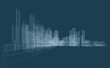 3D wireframe perspective of building. Abstract wireframe city background for template design. Vector illustration.