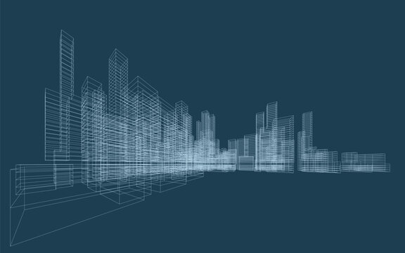 3D wireframe perspective of building. Abstract wireframe city background for template design. Vector illustration.