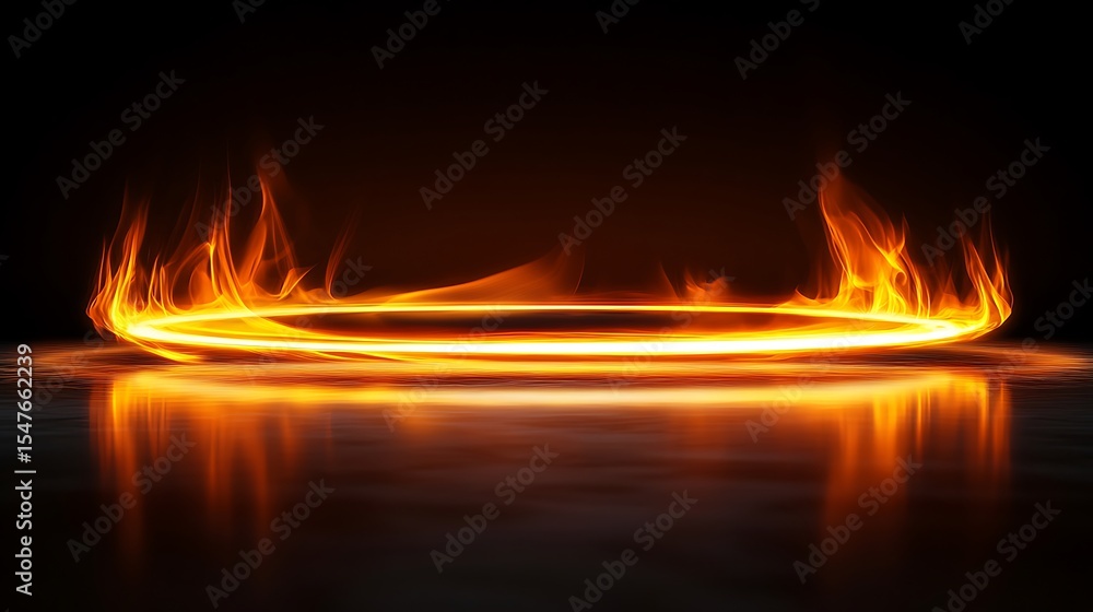 Poster fiery ring of light with reflections on dark surface creating a dramatic glowing visual element abst