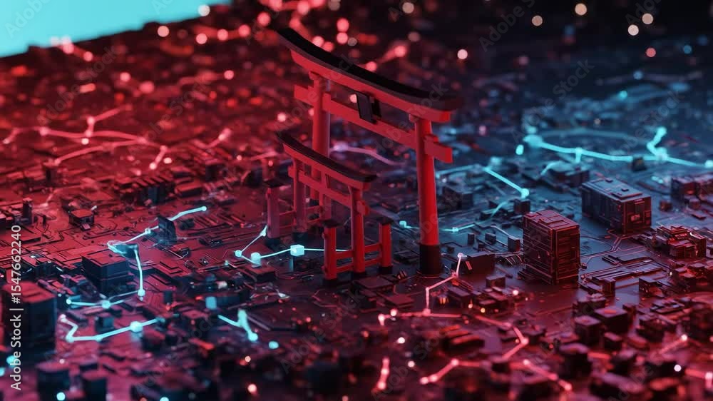 Poster an artistic representation of a torii gate on a circuit board: a fusion of traditional architecture 
