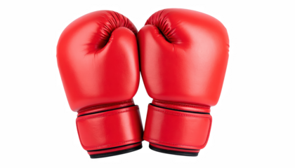 isolate on transparent background PNG Pair of striking red boxing gloves positioned together symbolizing teamwork, fighting spirit, and training for competitive sports events