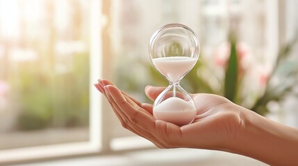 A hand delicately holding a sleek, modern hourglass with translucent glass, while the sand pours