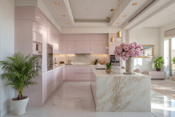 Modern pale muted pink kitchen with U-shaped layout, marble countertops, and elegant gold pendant lighting.