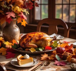 A thanksgiving table setting with turkey pie and autumn leaves in a warm and inviting atmosphere