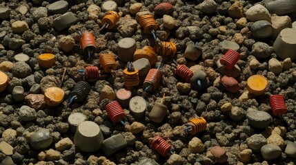 Colorful Mechanical Components on a Textured Stone Surface