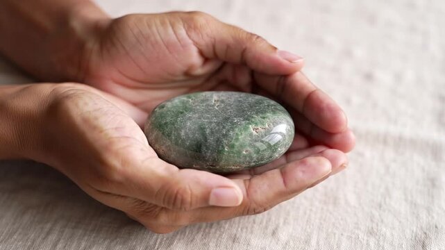 Yoni two gentle hands cradle a smooth green moss agate stone. Suitable for wellness, spiritual, healing, relaxation content and product promotions.