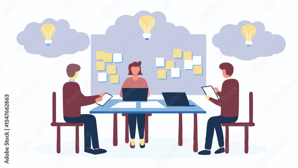Poster illustration of team brainstorming with sticky notes and laptops under light bulb clouds at a table