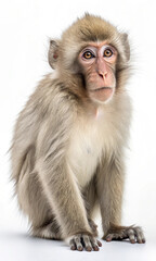 Japanese macaque monkey sitting, young primate portrait, white background