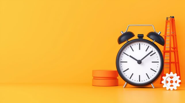 Bright Orange Background with Clock, Ladder, Gear, and Stacked Discs for Time Management and Productivity Themes