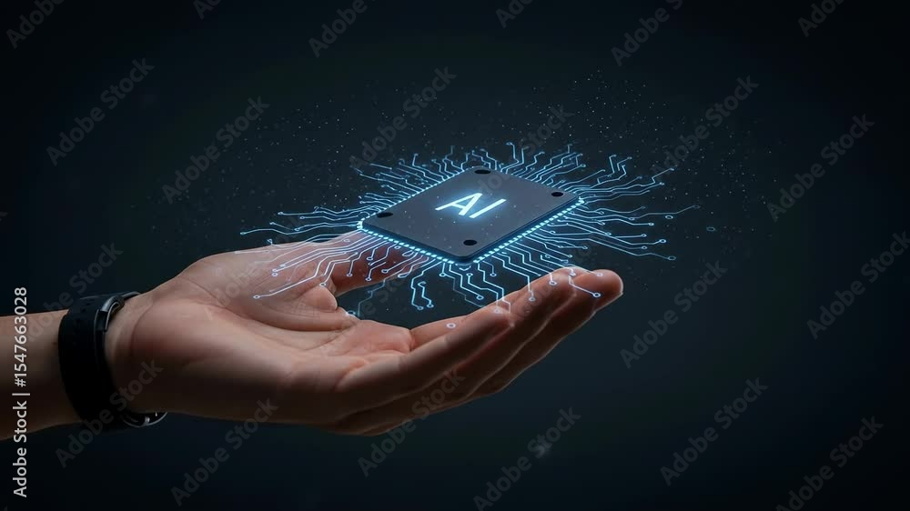 Poster a human hand presenting a floating ai microchip surrounded by glowing circuitry in a dark background