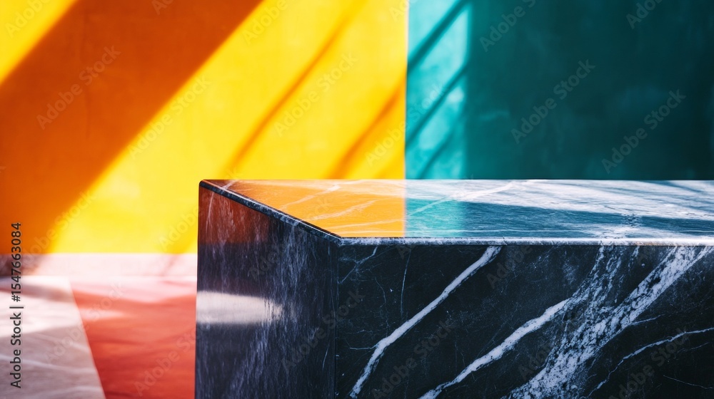 Poster modern abstract stone block with colorful shadows on geometric bright background
