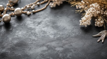 Elegant pearl jewelry on dark stone background with luxurious and vintage tone