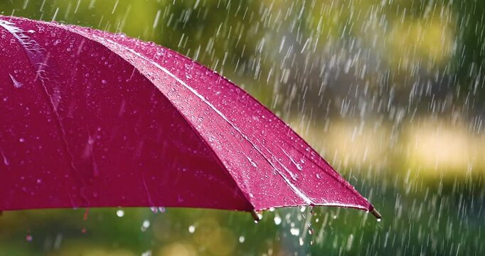 Raindrops falling on red umbrella close-up. Slow motion
