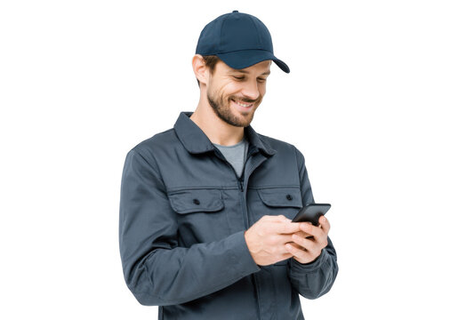 A smiling man in a dark uniform and cap is happily using his smartphone. standing against a plain white background. suggesting a casual and relaxed atmosphere. ideal for tech or lifestyle themes - Powered by Adobe