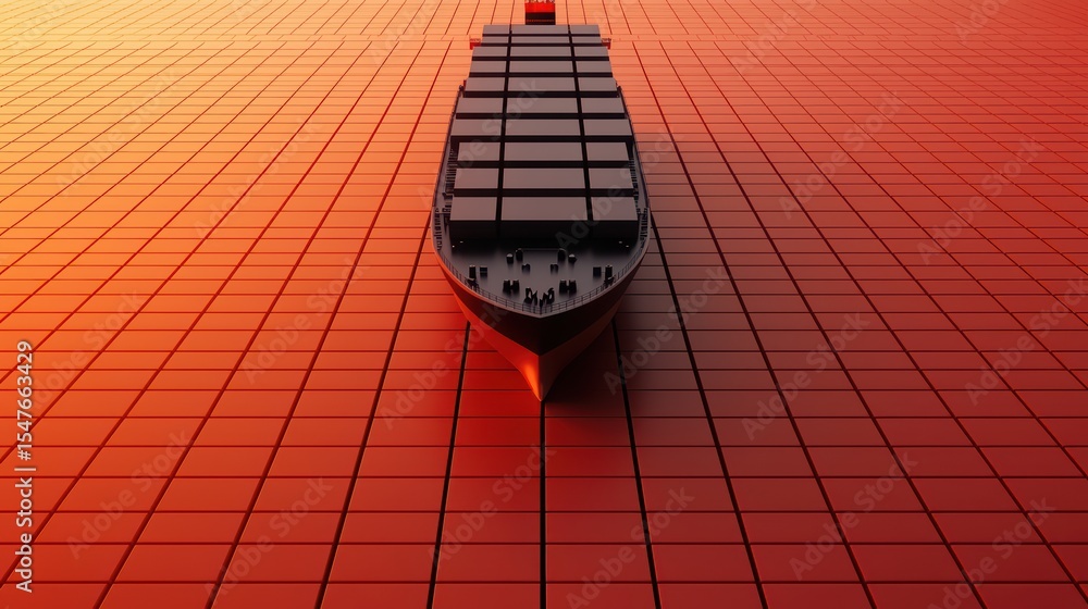 Poster container ship on abstract grid background with sunset gradient colors