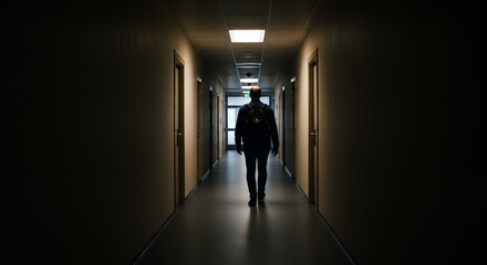 Person Walking Down Dimly Lit Hallway with Closed Doors for Travel