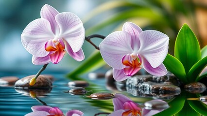 rosafarbene Orchideenbl&uuml;ten mit realistischen Details spiegeln sich im Wasser &ndash; perfektes Motiv f&uuml;r Spa und Entspannung.