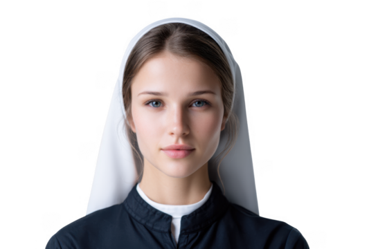 A serene young woman dressed in a traditional habit. gazing softly at the camera. with a plain white background creating a peaceful and contemplative atmosphere. ideal for religious or cultural them