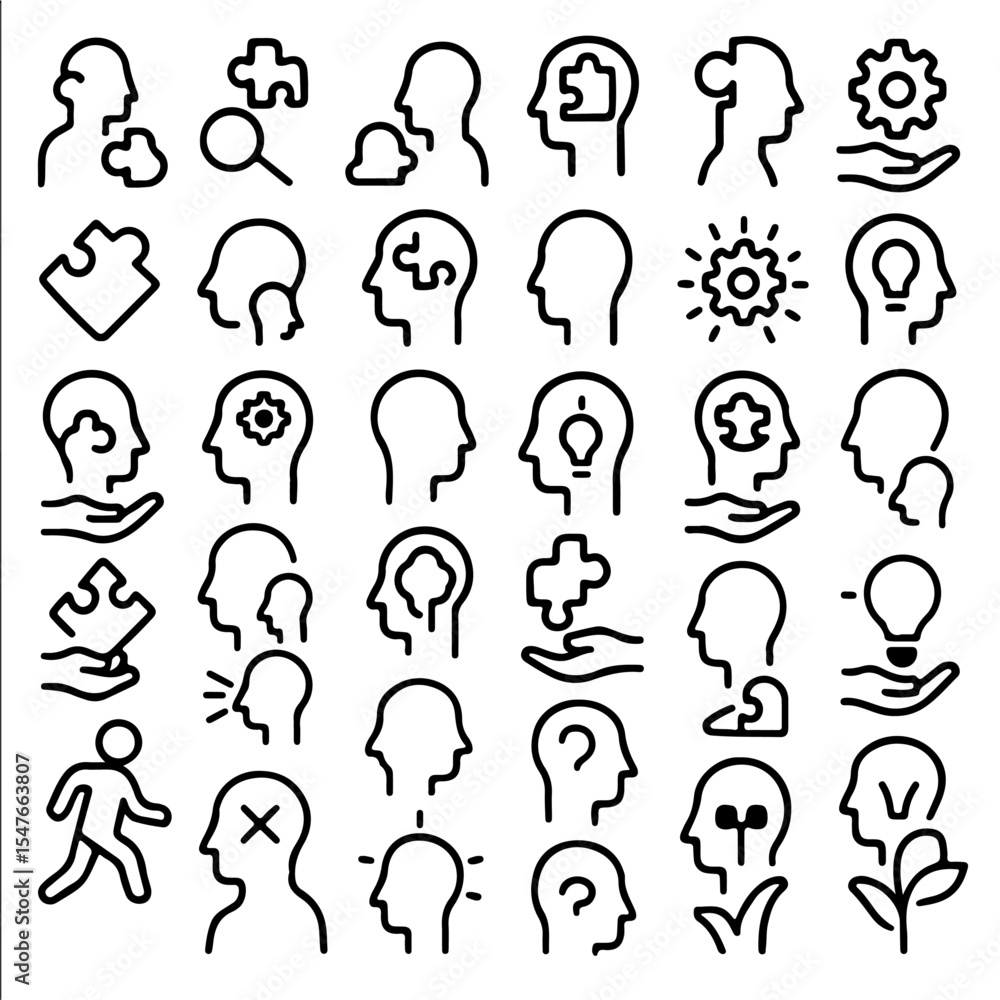 Poster head icons with puzzle, gear, bulb sign element. a series of head icons each containing a different 