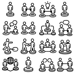 Business collaboration icons showing networking, teamwork, and meetings, representing unity and cooperation. The icons are simple and versatile for business concepts. 