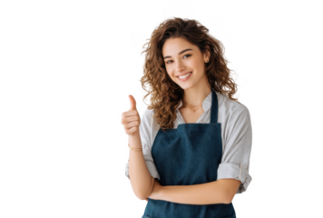 A cheerful young woman in a blue apron giving a thumbs-up gesture. standing against a plain white background. conveying positivity and readiness for service. ideal for hospitality or customer servic