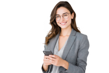 A smiling woman in a gray blazer and glasses holds a smartphone while standing against a plain white background. suggesting a professional and approachable demeanor for business or personal use