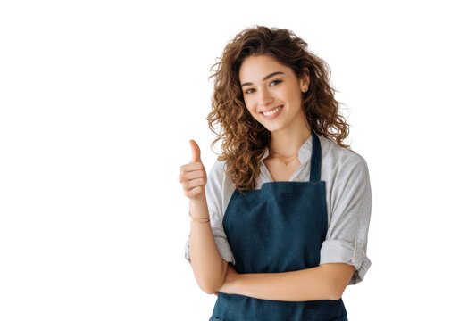A cheerful young woman in a blue apron giving a thumbs-up gesture. standing against a plain white background. conveying positivity and readiness for service. ideal for hospitality or customer servic