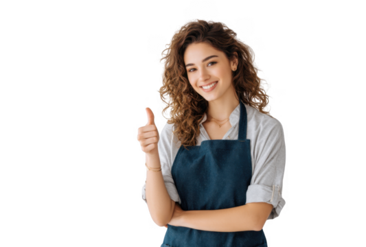 A cheerful young woman in a blue apron giving a thumbs-up gesture. standing against a plain white background. conveying positivity and readiness for service. ideal for hospitality or customer servic