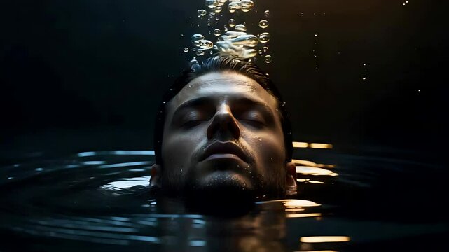 Man floating alone in dark calm water with face half-submerged in still liquid and dramatic lighting