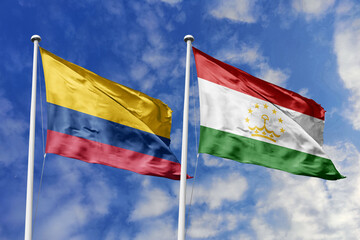 The Vibrant Flags of Colombia and Tajikistan Waving Together in the Wind Under a Bright Blue Sky, Symbolizing Growing Diplomatic Ties and a Bridge Between Diverse Cultures.