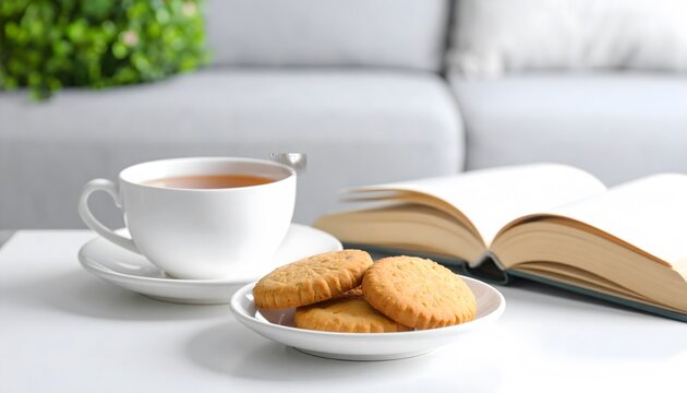 Cozy afternoon tea with cookies and a book on a white table - Powered by Adobe