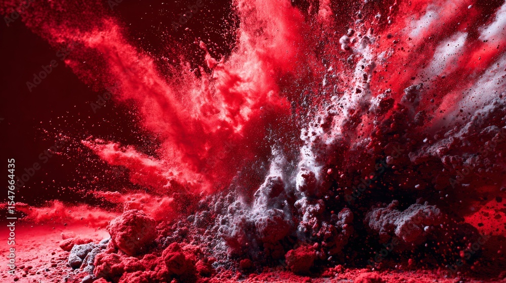 Poster explosion of red powder in air with motion particles for dramatic artistic color burst visual concep